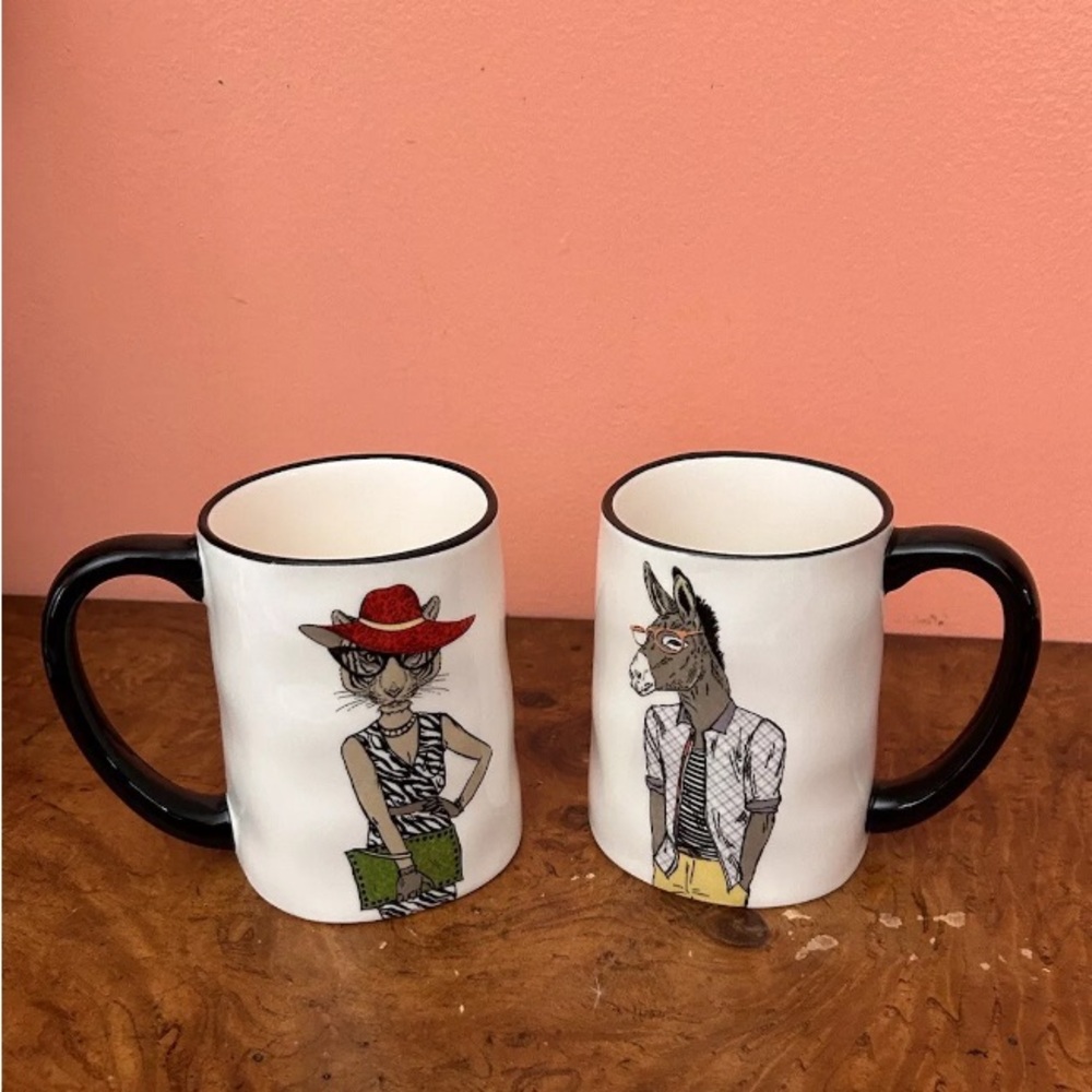 2 piece Set Signature Housewares Hipster, DONKEY, CAT Ceramic 16 oz Mugs